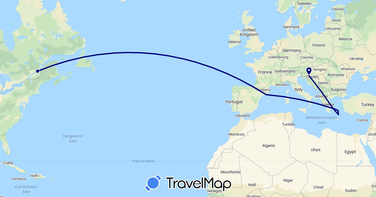 TravelMap itinerary: driving in Canada, Spain, Greece, Croatia (Europe, North America)